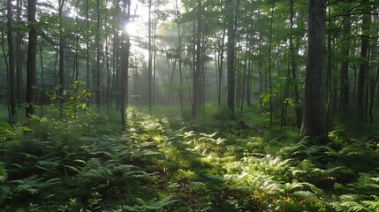 Obraz premium A serene forest scene with sunlight filtering through the trees, illuminating lush greenery.