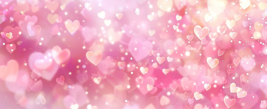 A dreamy background with glowing hearts and sparkles in pink and white hues.