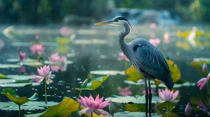Naklejka premium The heron stands in the pond among the lotuses