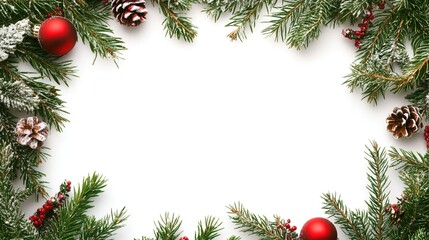 Christmas Frame with Green Fir Branches on White Background