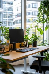 A brightly lit cubicle with a standing desk setup, showcasing modern technology and ergonomic accessories, Generative AI