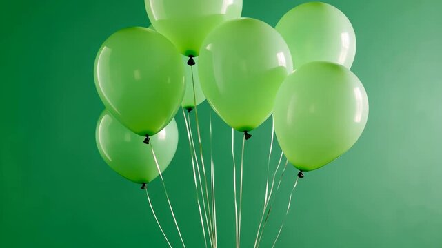 A cluster of green balloons floats against a green background
