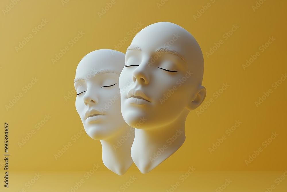 Poster two white faces are displayed on a yellow background. the faces are positioned in the middle of the 