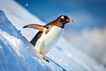 Naklejka premium Playful penguin walking up snowy hill