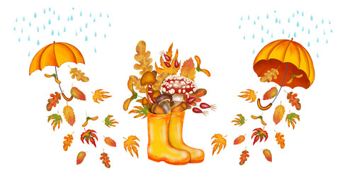 Rubber boots with a bouquet of yellow leaves and umbrellas set of watercolor autumn illustrations. Hand drawn elements of fall signs on an isolated background. For postcards and design.