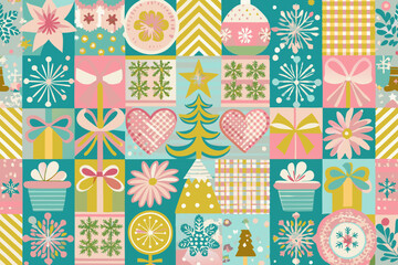 Festive Holiday Pattern with Gifts, Trees, and Ornaments