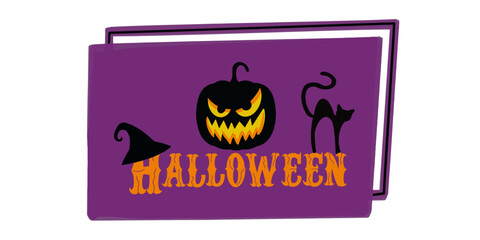 halloween vector sticker lettering in orange with pumpkin monster face and scary cat