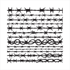 Barbed wire collection silhouette vector. Razor wire silhouettes. Barbed wire metallic border elements, barb wire set, barb wire icon.