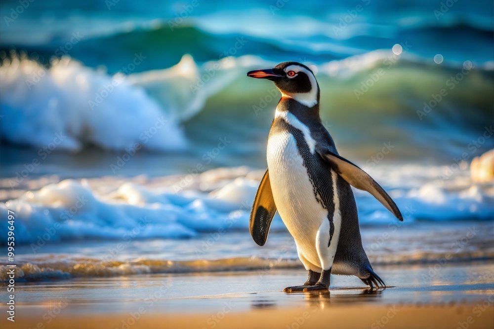 Wall mural Penguin standing on sandy beach with ocean waves