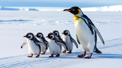 This heartwarming photograph captures the essence of penguin family life, featuring a line of penguin chicks following their parent across a snowy landscape. 