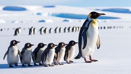 Obraz premium This heartwarming photograph captures the essence of penguin family life, featuring a line of penguin chicks following their parent across a snowy landscape. 