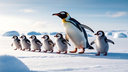 Obraz premium This heartwarming photograph captures the essence of penguin family life, featuring a line of penguin chicks following their parent across a snowy landscape. 