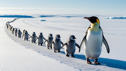 Fototapeta premium This heartwarming photograph captures the essence of penguin family life, featuring a line of penguin chicks following their parent across a snowy landscape. 