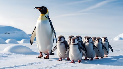 Obraz premium This heartwarming photograph captures the essence of penguin family life, featuring a line of penguin chicks following their parent across a snowy landscape. 