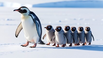 Obraz premium This heartwarming photograph captures the essence of penguin family life, featuring a line of penguin chicks following their parent across a snowy landscape. 