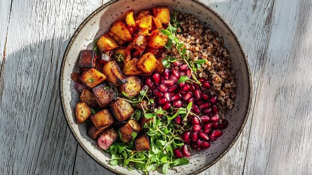 Healthy Vegan Bowl with Roasted Vegetables and Grains on Rustic Table