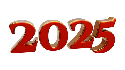 3D rendering of red and gold number 2025 for new year celebrations. Transparent background of 3d new year 2025