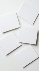 white rectangular blank 6 postcards lie spread out on desktop, realistic photo, view from drone, minimalism, simple, style, background white background 