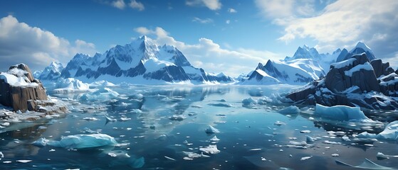 A serene icy landscape with mountains, glaciers, and calm waters reflecting the sky.