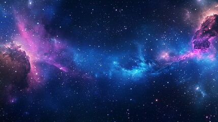 A stunning cosmic view features twinkling stars and vibrant nebulae in a dark blue expanse.