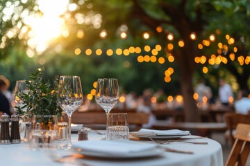 A corporate retreat dinner under the stars, with beautifully set tables and employees sharing laughter and stories, Generative AI