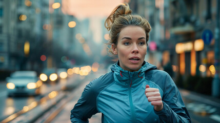A determined woman in sportswear running through an urban cityscape with city bokeh background, embodying fitness and healthy lifestyle