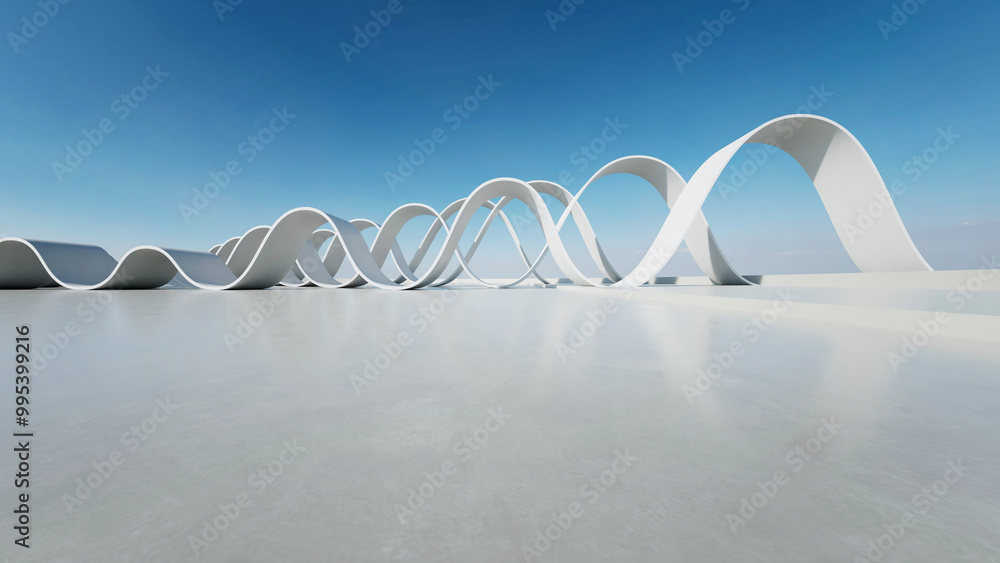 Aufkleber 3d render of abstract wavy structure, futuristic architecture with empty concrete floor