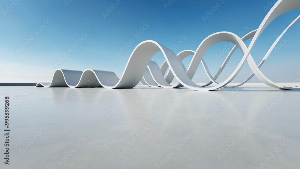Fototapete 3d render of abstract wavy structure, futuristic architecture with empty concrete floor