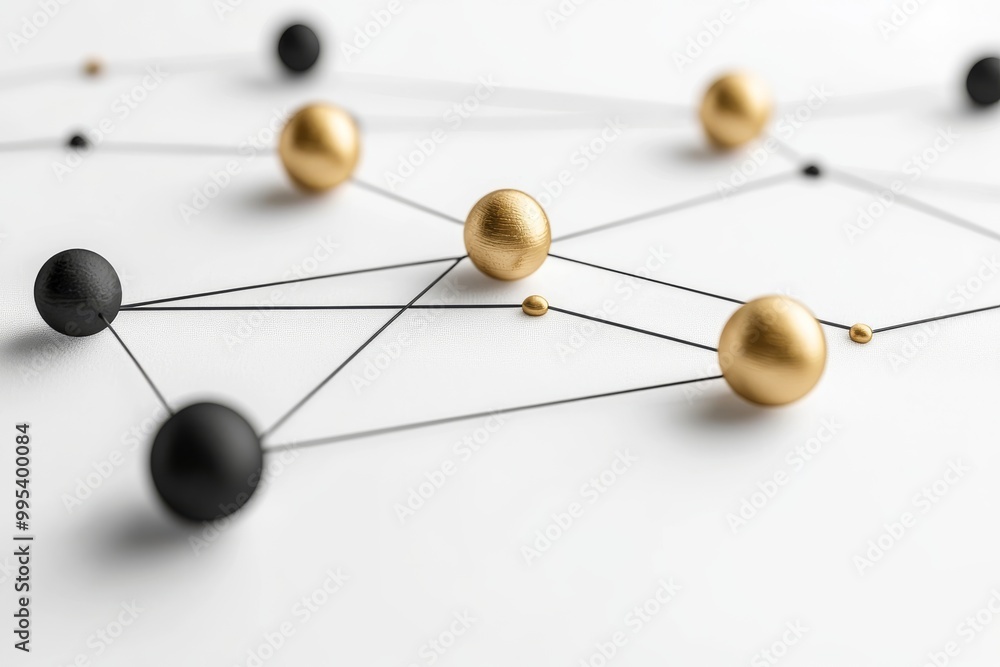 Poster Abstract representation of interconnected nodes and metallic spheres symbolizing complex networking data transfer and advanced communication technologies