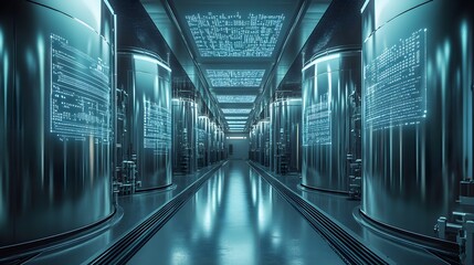 Obraz premium Gleaming stainless steel tank inside a high-tech food processing plant, engineered with advanced hygienic features and sleek, easy-to-clean surfaces