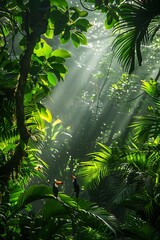 A serene jungle scene with sunlight filtering through lush foliage and two toucans perched.