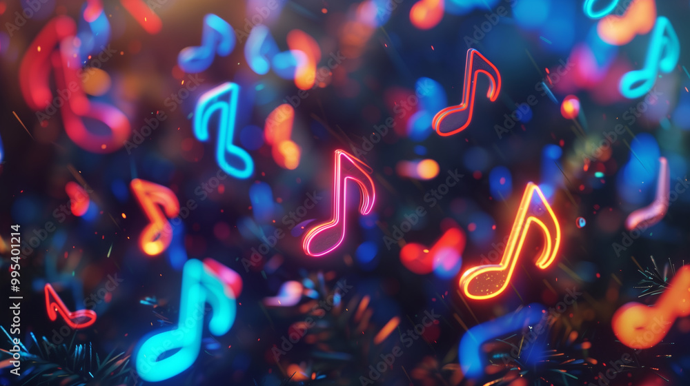 Canvas Prints Colorful glowing musical notes on a dark blurred background with bokeh lights