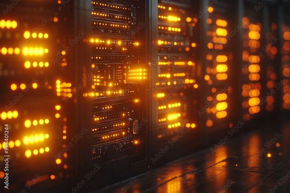 Poster orange lights in a dark server room showcasing network infrastructure data communication systems and