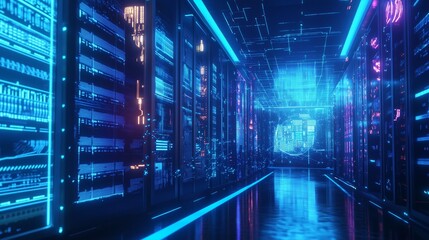 A futuristic server room with illuminated racks, holograms, and interactive data analytics in cool blue.