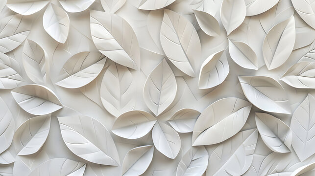 White geometric leaves 3d tiles texture Wood background. Generative AI.