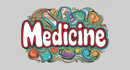 Medicine word lettering with groovy doodles drawing design on plain white background