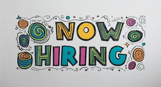 now hiring word lettering with groovy doodles drawing design on plain white background