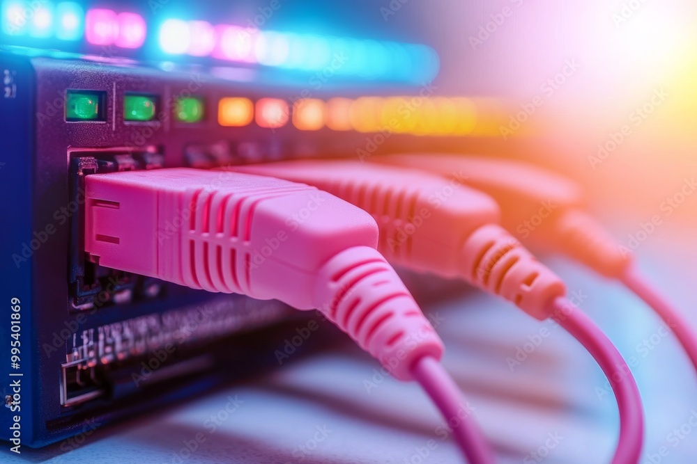 Poster colorful ethernet cables connected in a row with glowing lights in a server cabinet symbolizing high