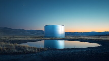 Obraz premium In a tranquil open field, a gigantic stainless steel tank stands solitary, bathed in the delicate glow of moonlight, with intricate reflections capturing the calm night