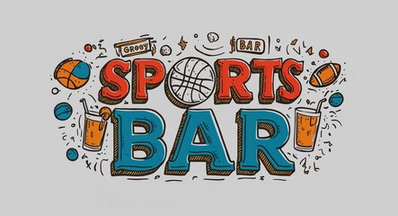 Fototapeta premium sports bar word lettering with groovy doodles drawing design on plain white background