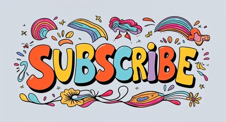 Subscribe word lettering with groovy doodles drawing design on plain white background
