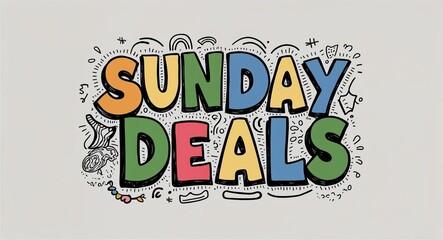 Sunday deals word lettering with groovy doodles drawing design on plain white background