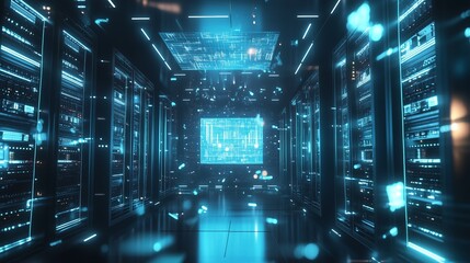 A futuristic server room glows blue with holograms, 3D nodes, and a central interactive interface.