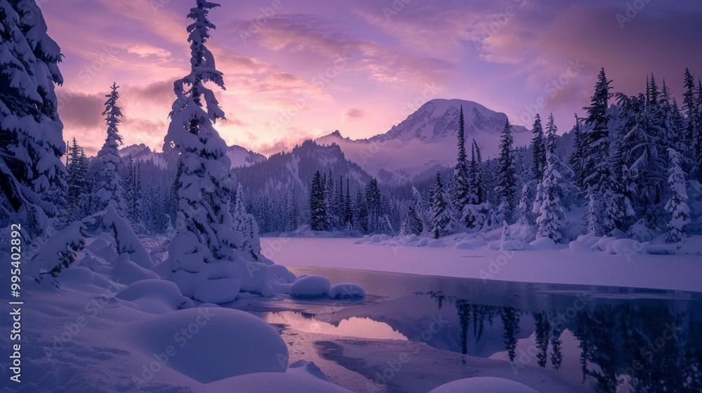 Poster a snowy landscape with a mountain in the background and a lake in the foreground