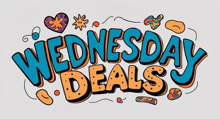 Obraz premium Wednesday deals word lettering with groovy doodles drawing design on plain white background