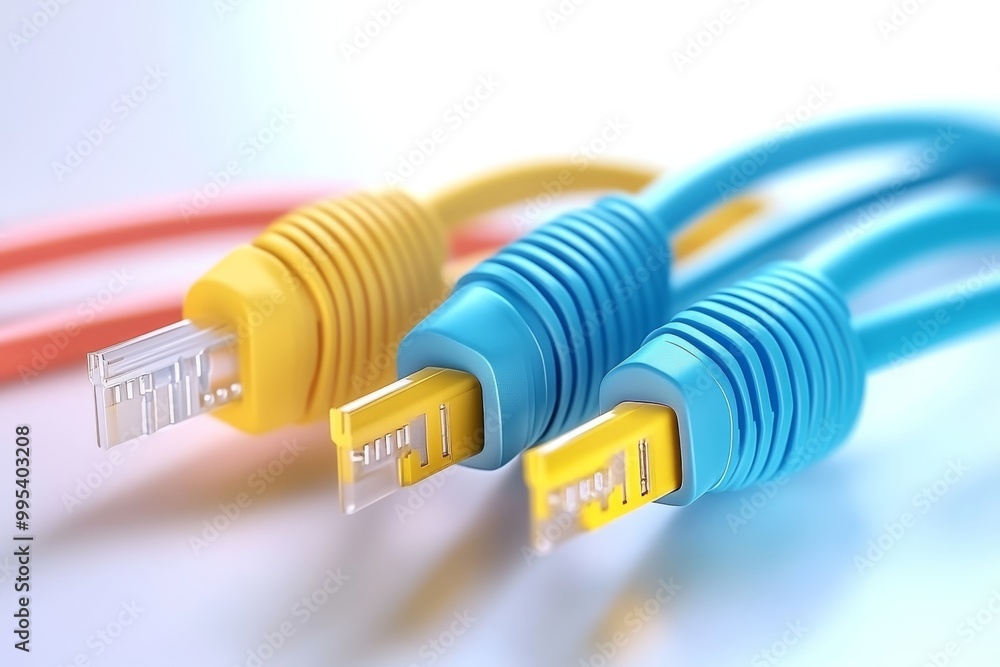 Poster close up of yellow and blue ethernet cables connected side by side symbolizing digital communication