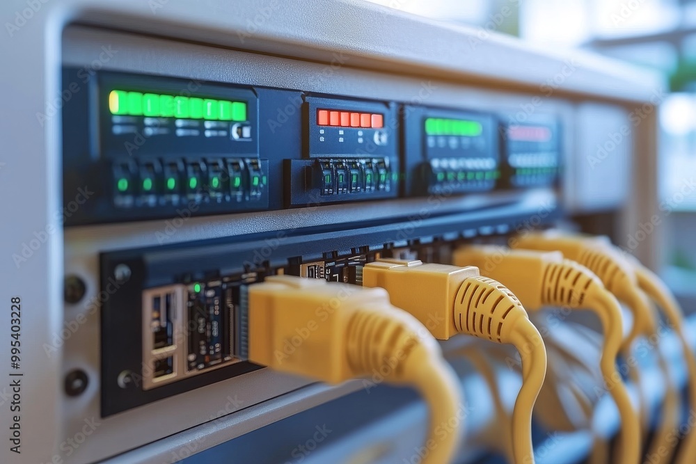 Poster network switch with connected cables glowing lights and labeled ports in a telecommunication setup i