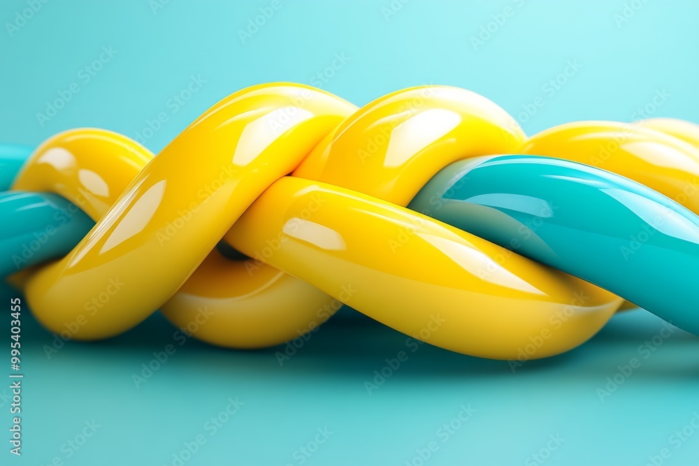 Poster Abstract close up of yellow and blue intertwined cables on a turquoise background symbolizing data transmission communication systems and digital networking in a visually striking design