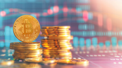 Bitcoin coin with stacked gold coins and financial graph in the background representing cryptocurrency investment