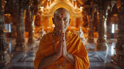 pandit in his religious attire giving blessing gesture with both hands , kesari sindoor, namaste gesture, solid background, white beard
